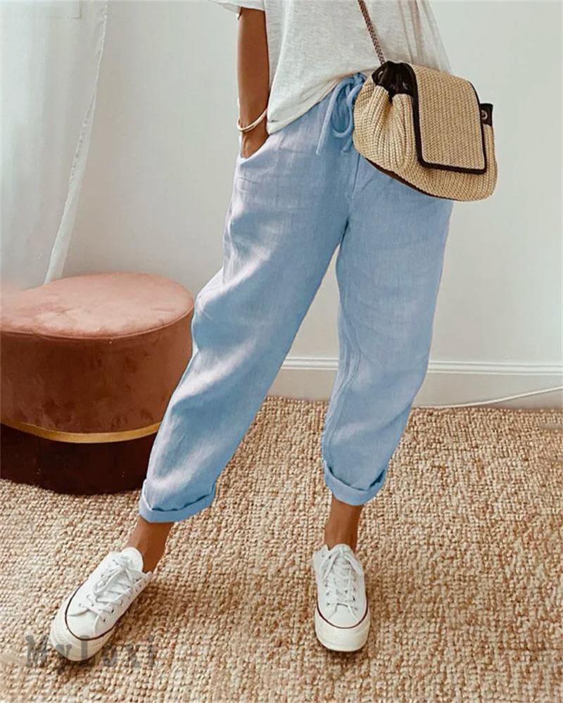 👖 Pantalones Informales de Algodón y Lino para Mujer – Transpirables, Cintura Alta y Largo al Tobillo, Elegantes 🌿✨