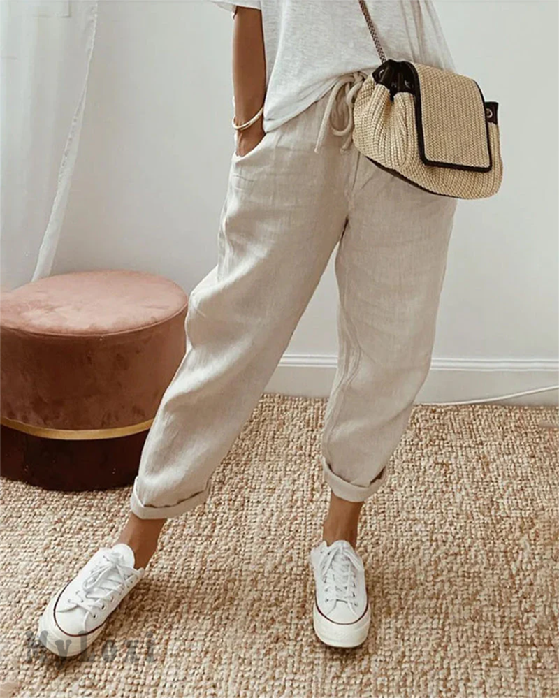 👖 Pantalones Informales de Algodón y Lino para Mujer – Transpirables, Cintura Alta y Largo al Tobillo, Elegantes 🌿✨