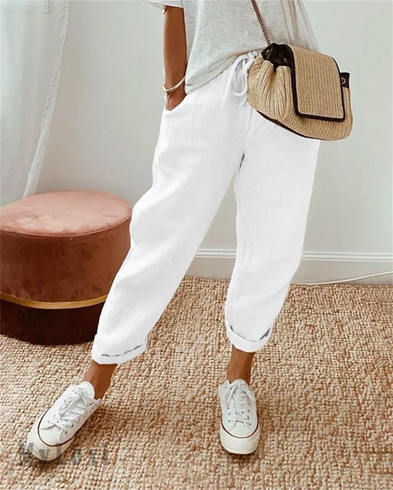 👖 Pantalones Informales de Algodón y Lino para Mujer – Transpirables, Cintura Alta y Largo al Tobillo, Elegantes 🌿✨