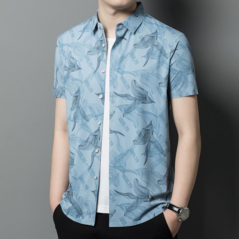 Camisa abotonada de seda helada elástica para hombre