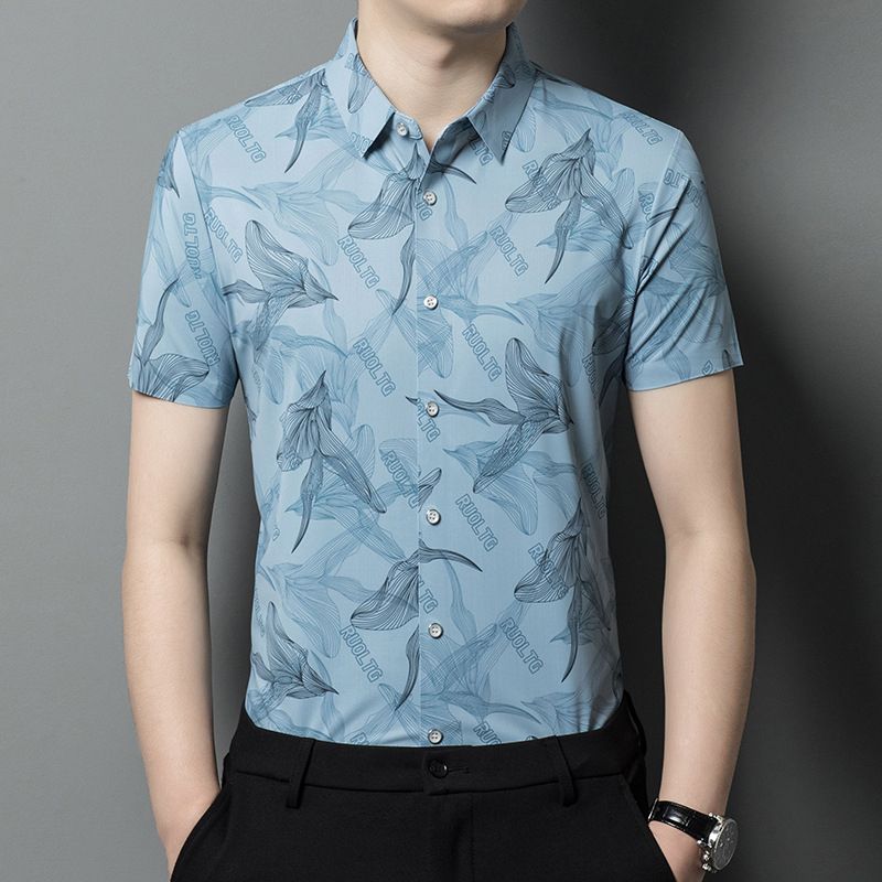 Camisa abotonada de seda helada elástica para hombre