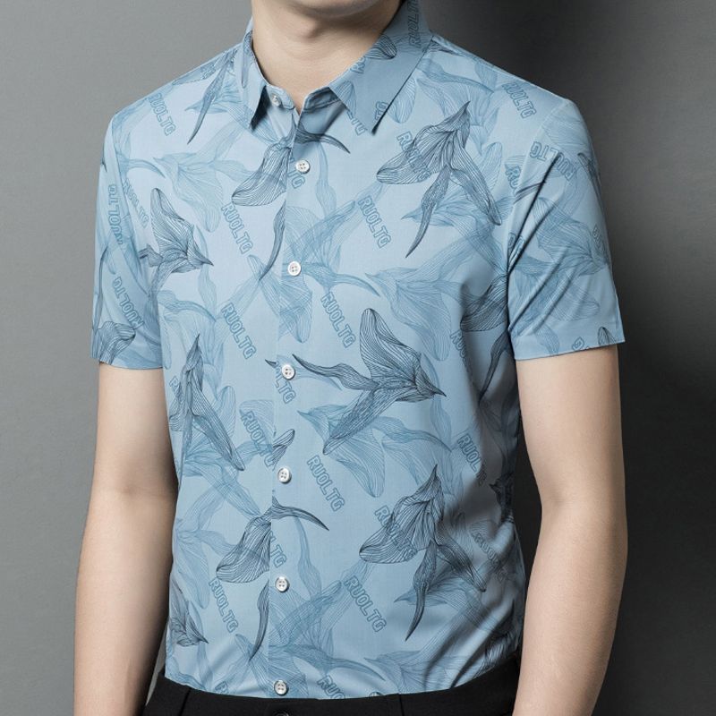 Camisa abotonada de seda helada elástica para hombre
