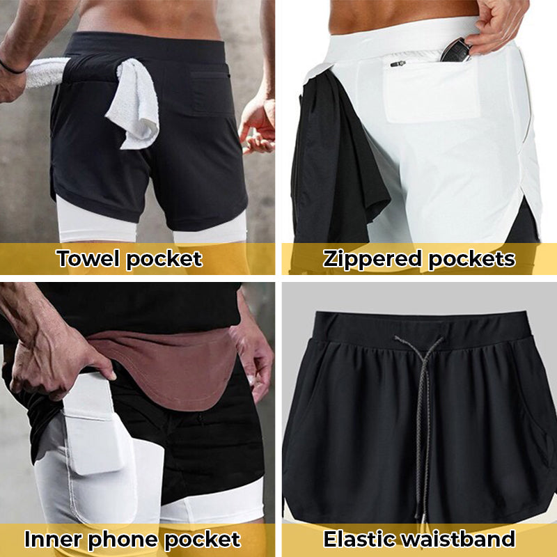 Pantalones cortos deportivos de doble capa con múltiples bolsillos para hombres profesionales
