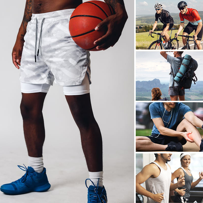 Pantalones cortos deportivos de doble capa con múltiples bolsillos para hombres profesionales