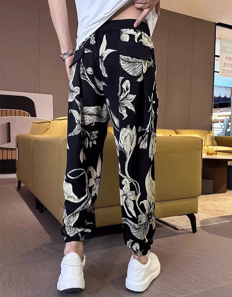 Pantalones cortos informales con abertura lateral y estampado de seda helada para hombre (50% de descuento)
