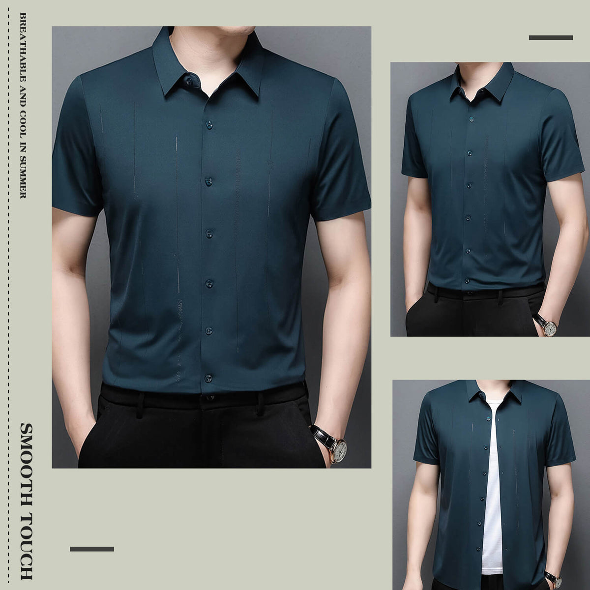 Camisa de seda de hielo de alta elasticidad resistente a las arrugas para hombre