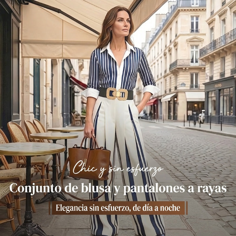 Set de dos piezas de camisa de rayas y pantalones anchos de mujer