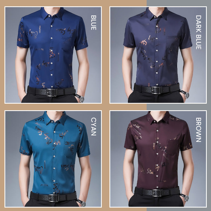 Camisa de hombre estampada de manga corta en seda hielo