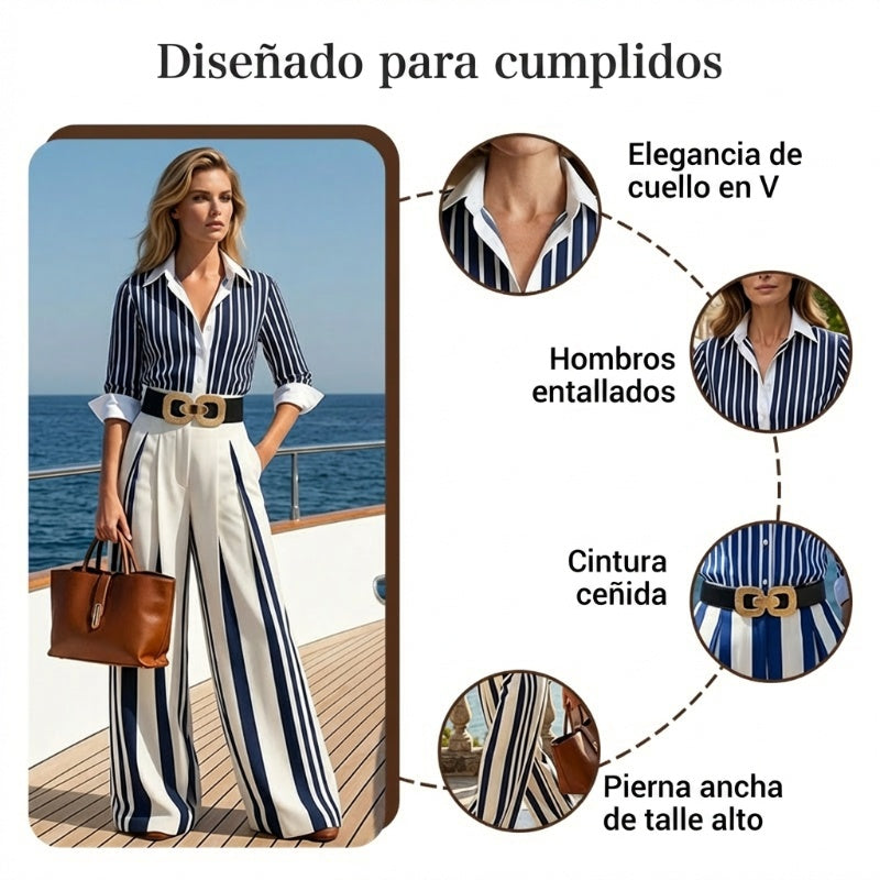 Set de dos piezas de camisa de rayas y pantalones anchos de mujer