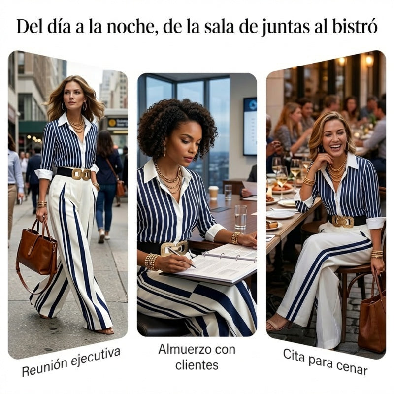 Set de dos piezas de camisa de rayas y pantalones anchos de mujer