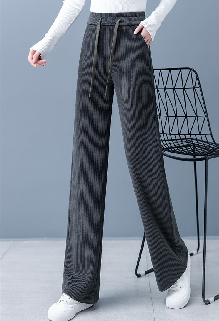 Pantalones rectos con cordón de pierna ancha de color sólido acolchado y engrosado para mujer