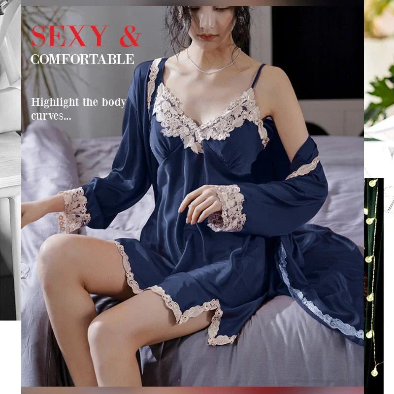 Conjunto de pijamas de encaje de seda de hielo suave y cómodo 2pcs / 5pcs