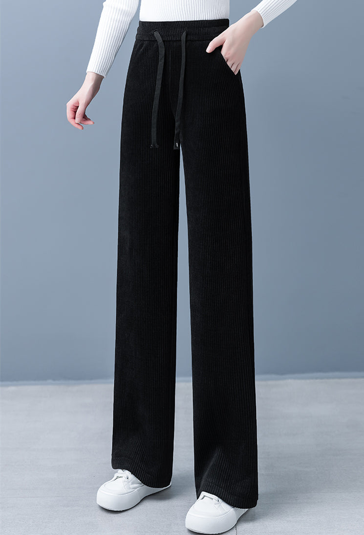 Pantalones rectos con cordón de pierna ancha de color sólido acolchado y engrosado para mujer