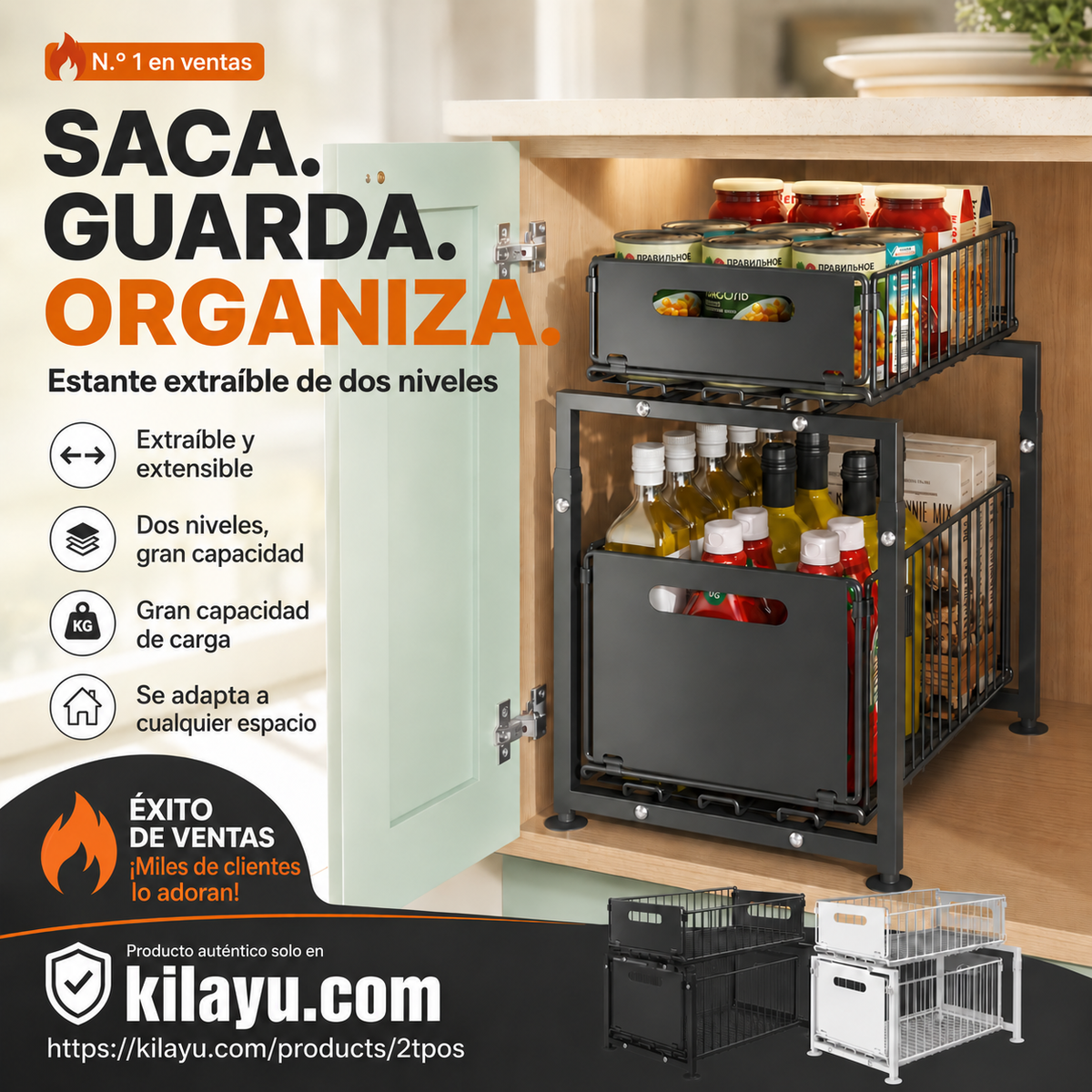 📦 Estante Extraíble de 2 Niveles – Organizador Expandible Bajo el Fregadero, Estante Deslizante de Doble Capa ✨