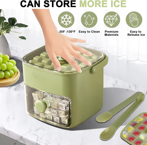 🔥Oferta de verano 50 % de descuento🧊 Fabricador de hielo portátil con tapa y caja de almacenamiento (48 cubos)