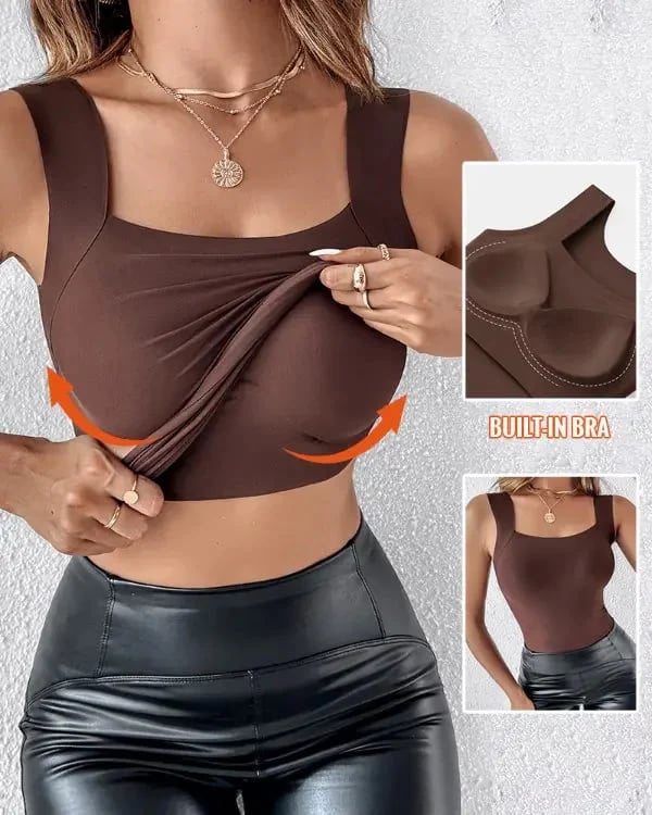 🔥 ¡50% DE DESCUENTO! 💖 👚 Camiseta sin mangas con cuello en U y sujetador incorporado para mujer – Comodidad, soporte y estilo todo en uno 🌸✨