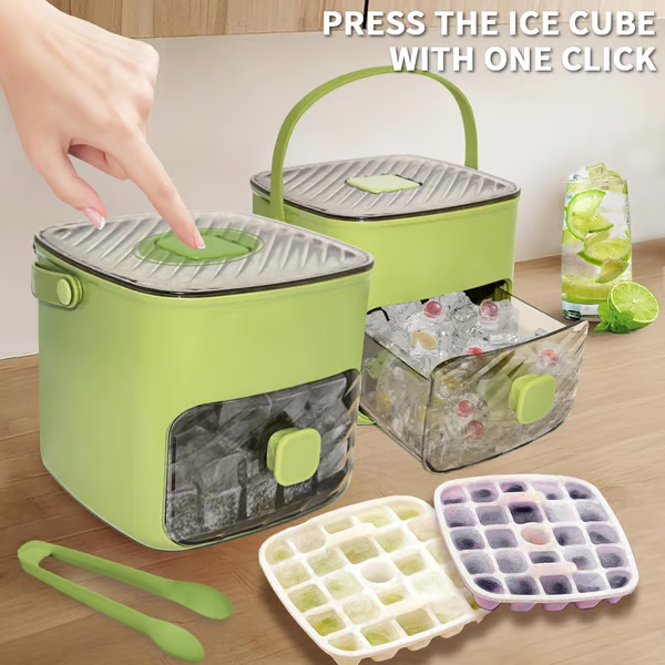 🔥Oferta de verano 50 % de descuento🧊 Fabricador de hielo portátil con tapa y caja de almacenamiento (48 cubos)