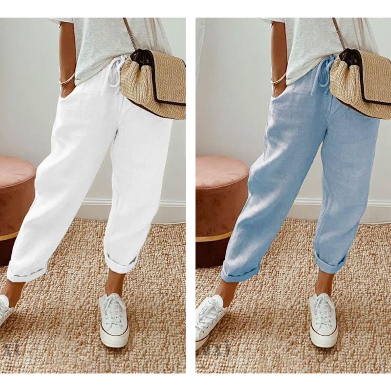 👖 Pantalones Informales de Algodón y Lino para Mujer – Transpirables, Cintura Alta y Largo al Tobillo, Elegantes 🌿✨