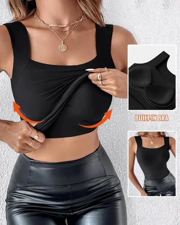 🔥 ¡50% DE DESCUENTO! 💖 👚 Camiseta sin mangas con cuello en U y sujetador incorporado para mujer – Comodidad, soporte y estilo todo en uno 🌸✨