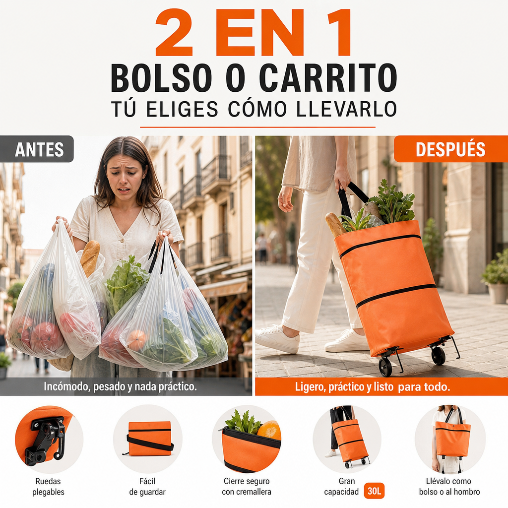 🛒✨ ¡OFERTA 50% OFF! Carrito de Compra Plegable 2 en 1 – Bolsa Portátil de Gran Capacidad 30L para Supermercado, Viajes y Uso Diario 🌿💪