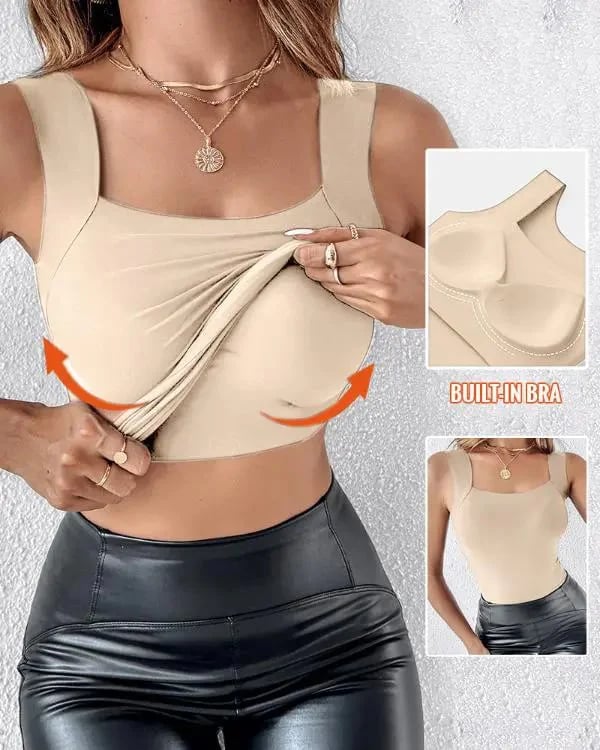 🔥 ¡50% DE DESCUENTO! 💖 👚 Camiseta sin mangas con cuello en U y sujetador incorporado para mujer – Comodidad, soporte y estilo todo en uno 🌸✨