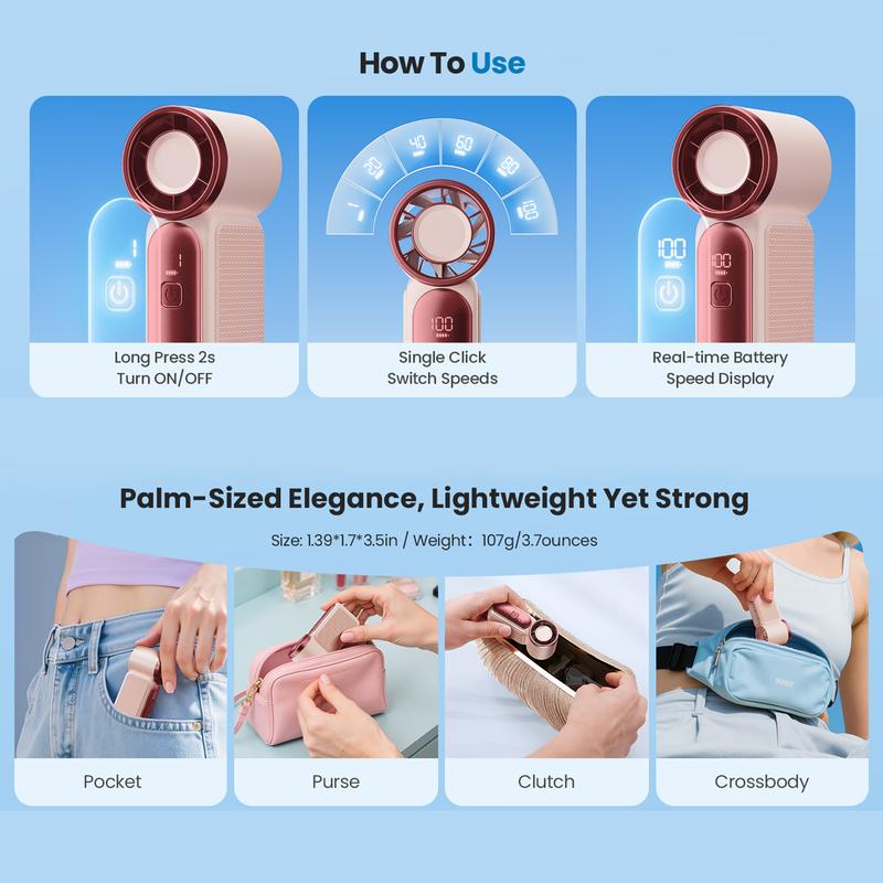 🌀💨 Mini ventilador portátil con pantalla LED – 👍 Ventilador de bolsillo turbo de 5 velocidades. ✨ Recargable por USB, enfriamiento rápido ideal para viajes y maquillaje. Regalo perfecto. Refrigeración portátil.