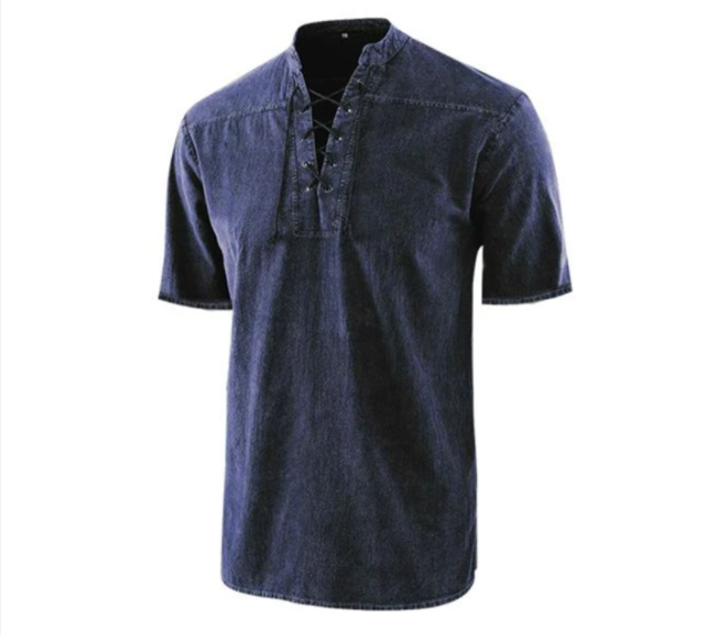 Camiseta gótica vintage de hombre con cuello en V y bolsillos de lino camiseta de manga corta holgada