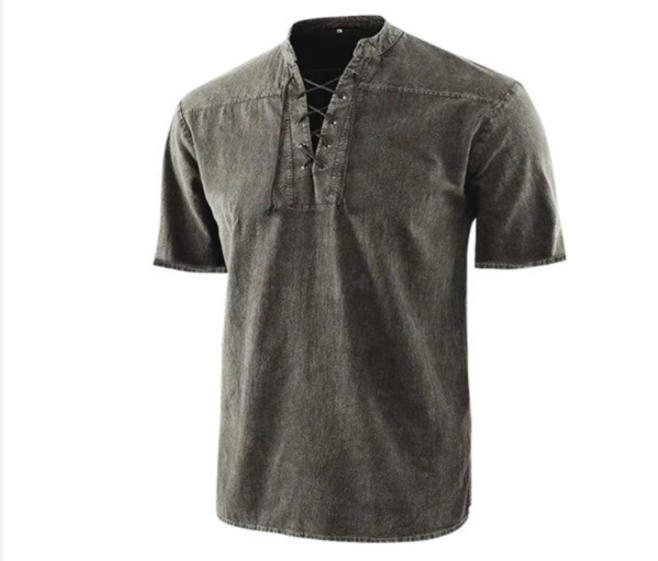 Camiseta gótica vintage de hombre con cuello en V y bolsillos de lino camiseta de manga corta holgada