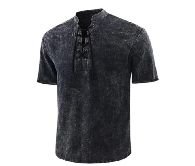 Camiseta gótica vintage de hombre con cuello en V y bolsillos de lino camiseta de manga corta holgada
