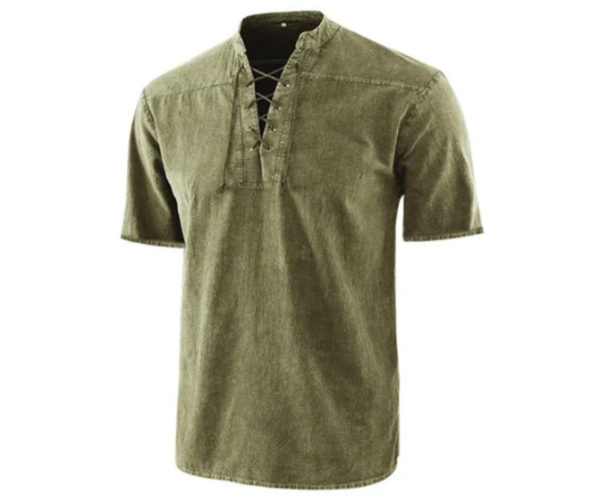 Camiseta gótica vintage de hombre con cuello en V y bolsillos de lino camiseta de manga corta holgada