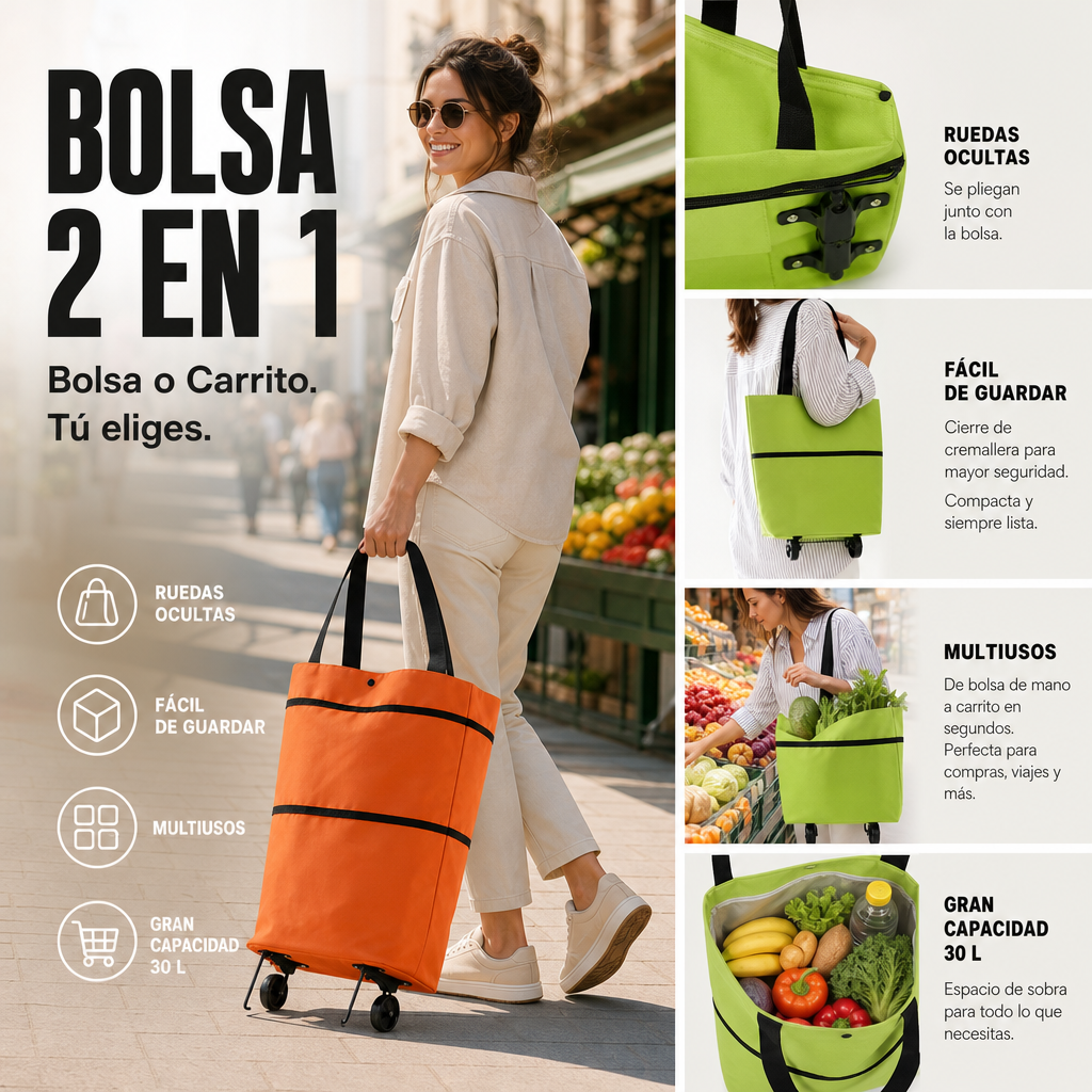 🛒✨ ¡OFERTA 50% OFF! Carrito de Compra Plegable 2 en 1 – Bolsa Portátil de Gran Capacidad 30L para Supermercado, Viajes y Uso Diario 🌿💪