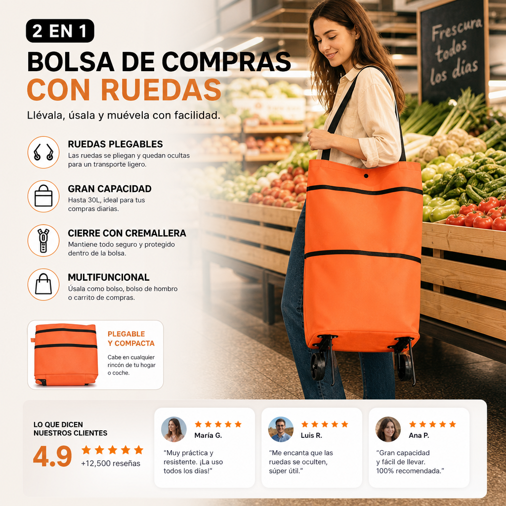 🛒✨ ¡OFERTA 50% OFF! Carrito de Compra Plegable 2 en 1 – Bolsa Portátil de Gran Capacidad 30L para Supermercado, Viajes y Uso Diario 🌿💪