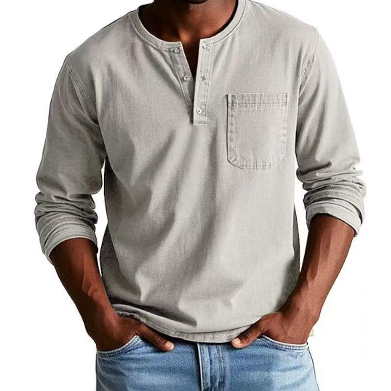 Camisa de manga larga con bolsillo desgastado vintage para hombre