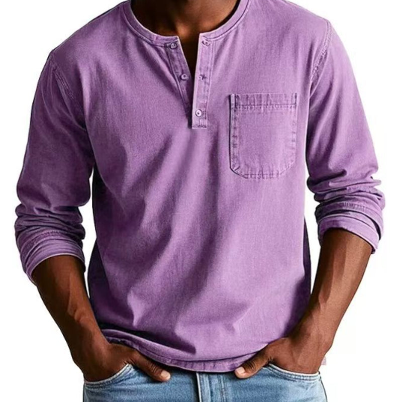Camisa de manga larga con bolsillo desgastado vintage para hombre