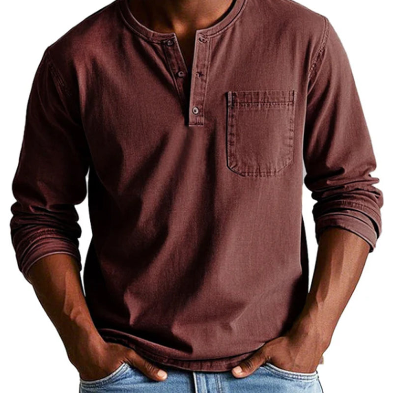 Camisa de manga larga con bolsillo desgastado vintage para hombre