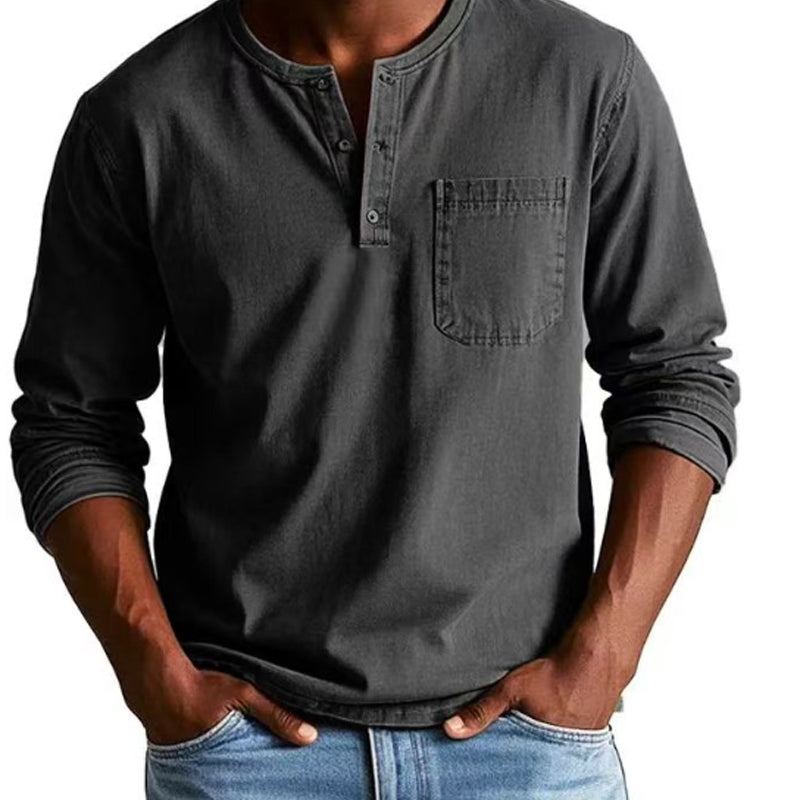 Camisa de manga larga con bolsillo desgastado vintage para hombre