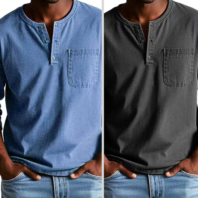 Camisa de manga larga con bolsillo desgastado vintage para hombre