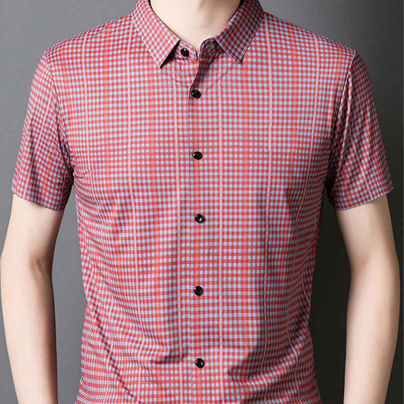 Camisa informal de manga corta con solapa elástica y cuadros vibrantes para hombre