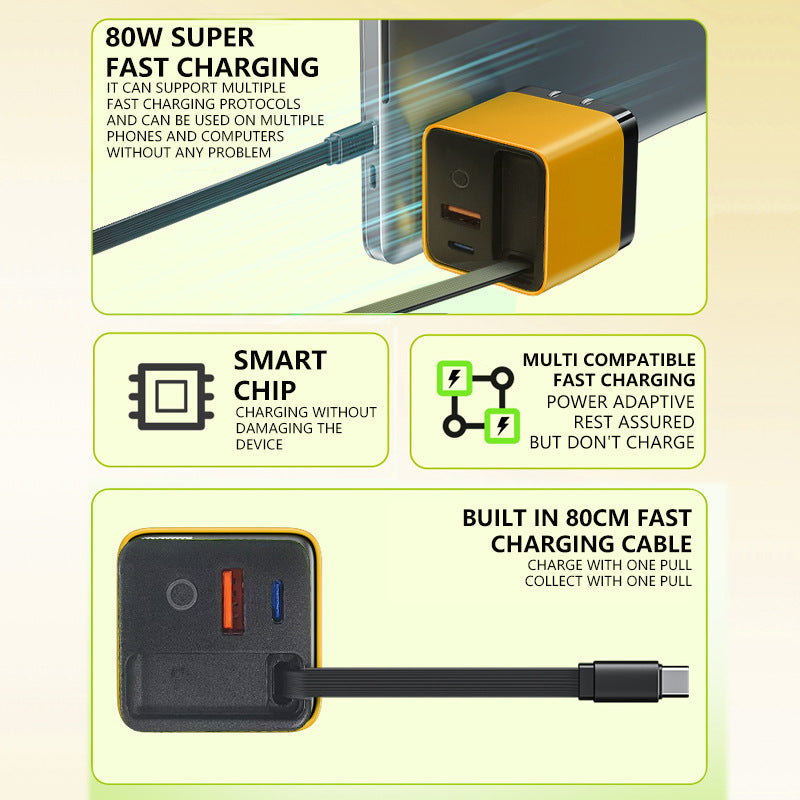 Cargador de pared de carga rápida de 80 W con cable USB-C retráctil de 80 cm.