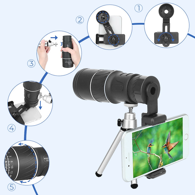 Telescopio monocular de zoom óptico bifocal 16x52