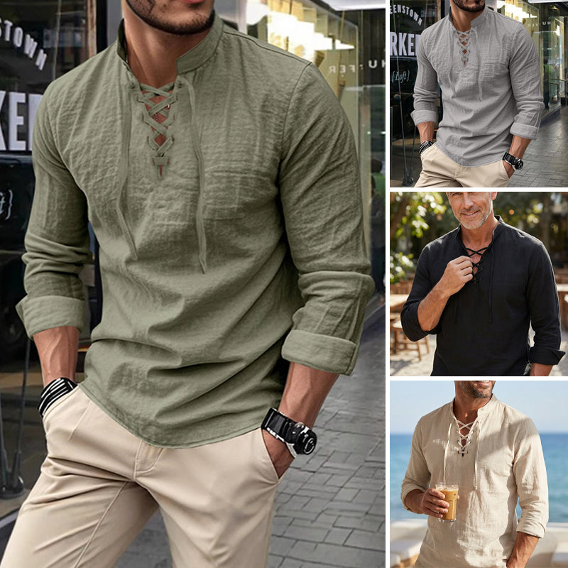 🔥Oferta por Tiempo Limitado🔥 Camisa Casual de Color Sólido para Hombre – Cuello Mao con Cordón Ajustable