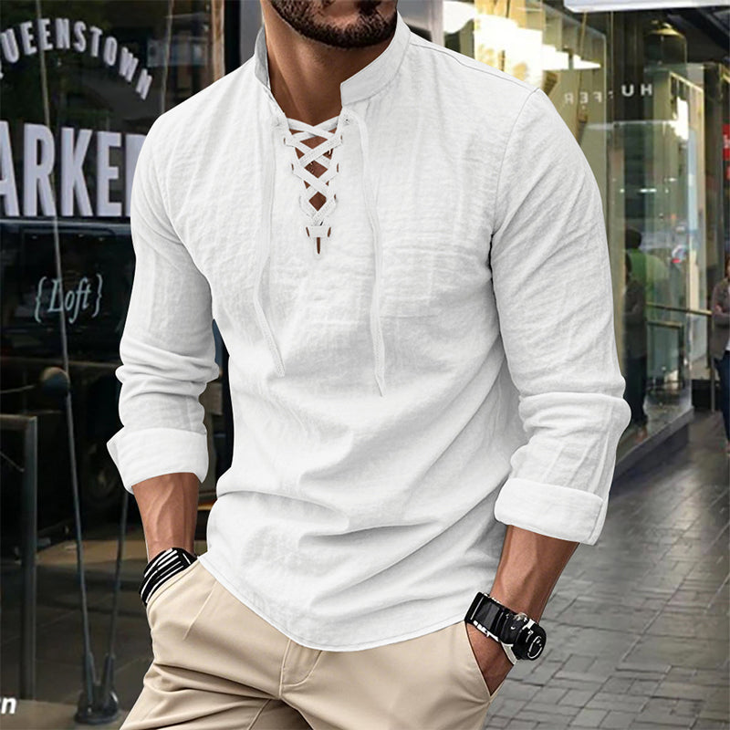 🔥Oferta por Tiempo Limitado🔥 Camisa Casual de Color Sólido para Hombre – Cuello Mao con Cordón Ajustable