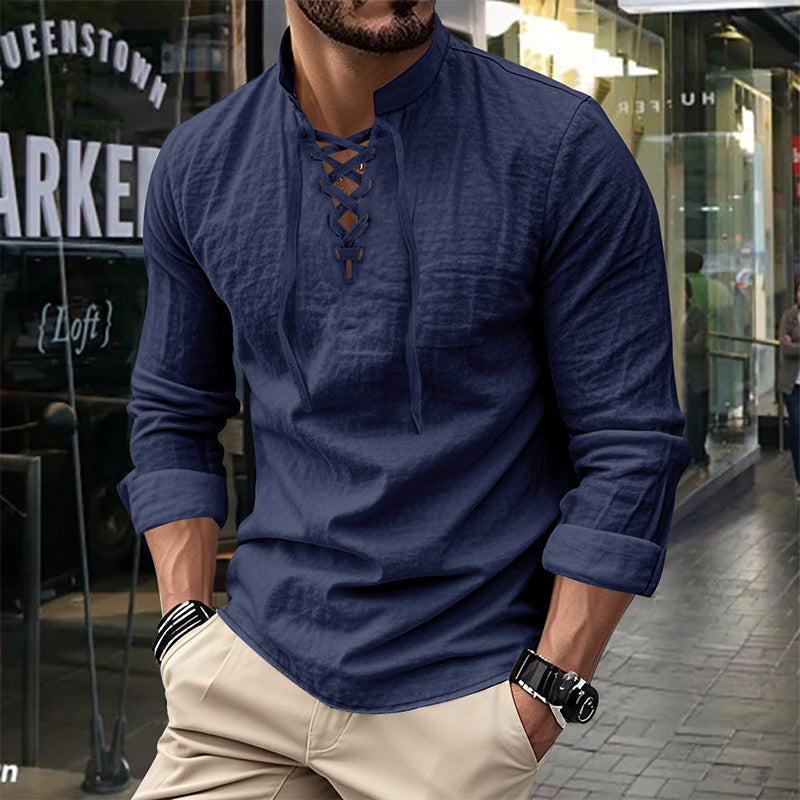 🔥Oferta por Tiempo Limitado🔥 Camisa Casual de Color Sólido para Hombre – Cuello Mao con Cordón Ajustable