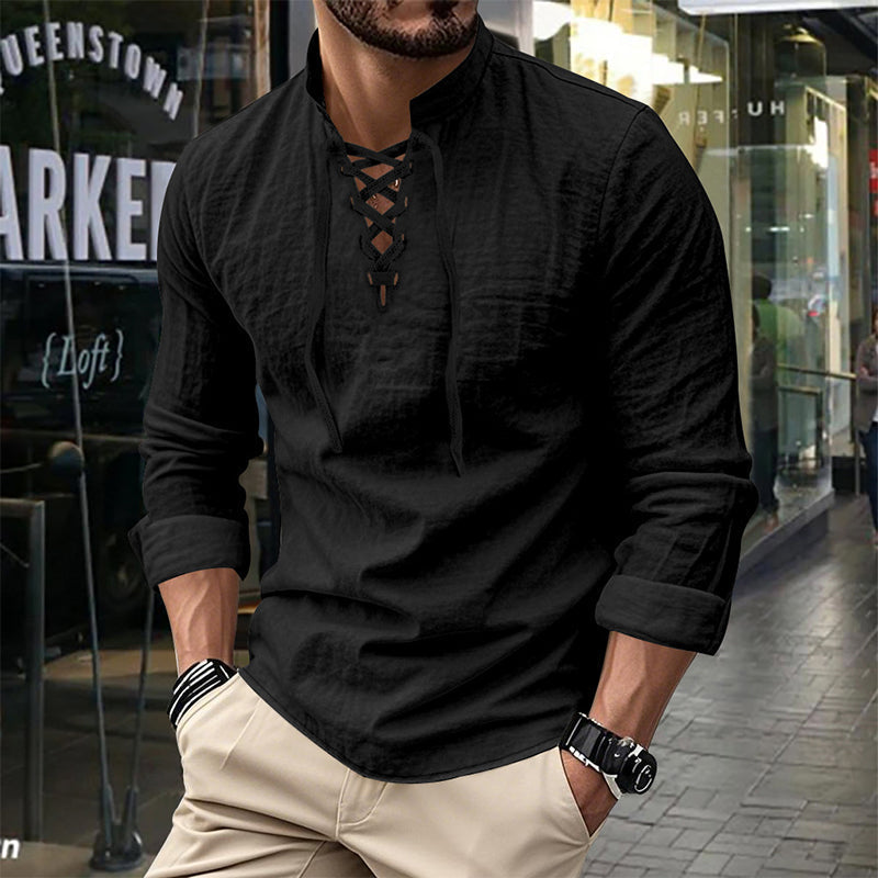 🔥Oferta por Tiempo Limitado🔥 Camisa Casual de Color Sólido para Hombre – Cuello Mao con Cordón Ajustable
