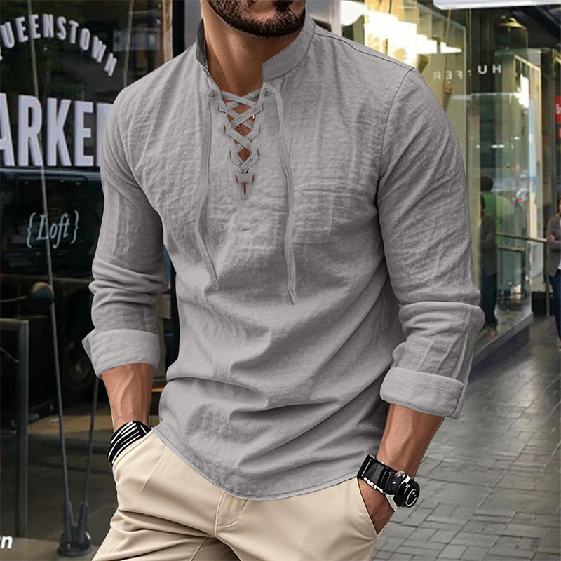 🔥Oferta por Tiempo Limitado🔥 Camisa Casual de Color Sólido para Hombre – Cuello Mao con Cordón Ajustable