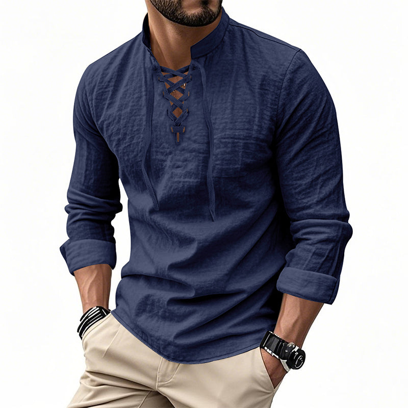 🔥Oferta por Tiempo Limitado🔥 Camisa Casual de Color Sólido para Hombre – Cuello Mao con Cordón Ajustable