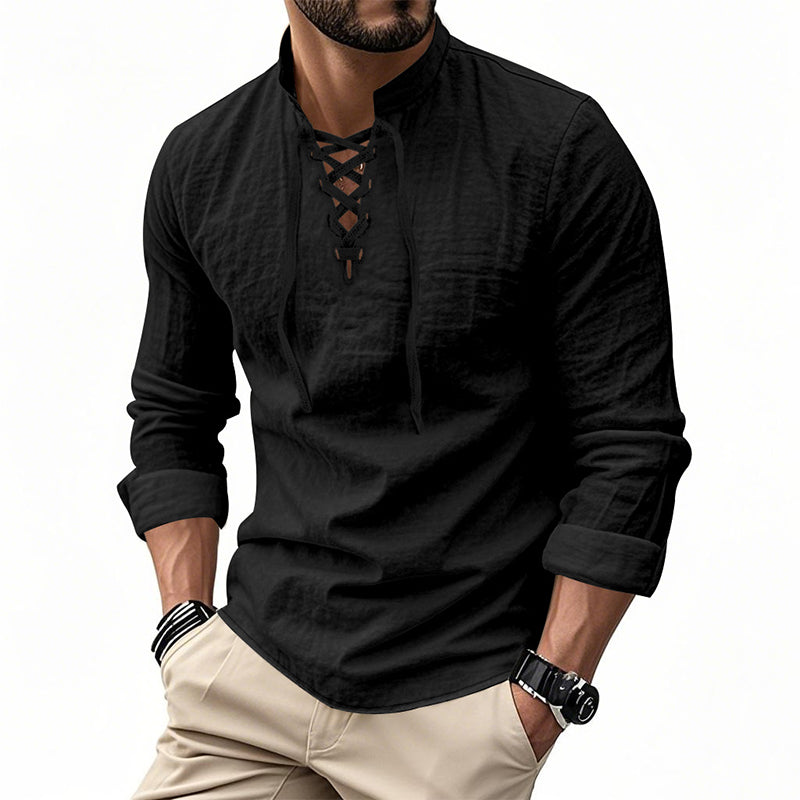 🔥Oferta por Tiempo Limitado🔥 Camisa Casual de Color Sólido para Hombre – Cuello Mao con Cordón Ajustable