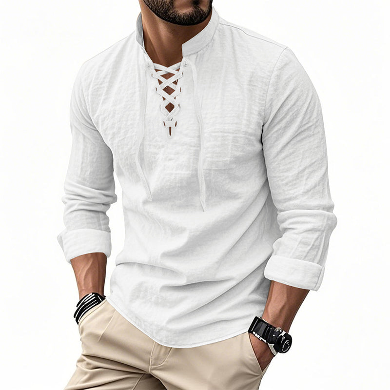 🔥Oferta por Tiempo Limitado🔥 Camisa Casual de Color Sólido para Hombre – Cuello Mao con Cordón Ajustable