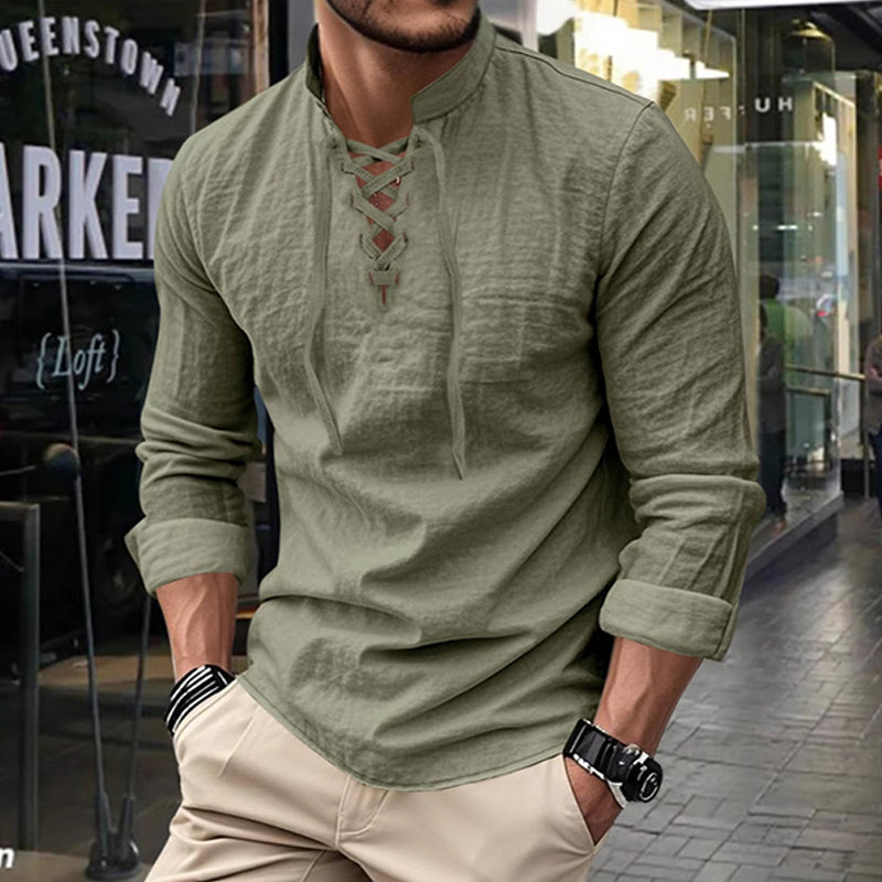 🔥Oferta por Tiempo Limitado🔥 Camisa Casual de Color Sólido para Hombre – Cuello Mao con Cordón Ajustable