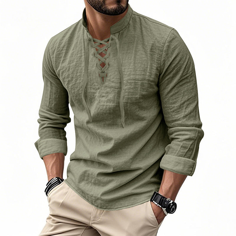 🔥Oferta por Tiempo Limitado🔥 Camisa Casual de Color Sólido para Hombre – Cuello Mao con Cordón Ajustable